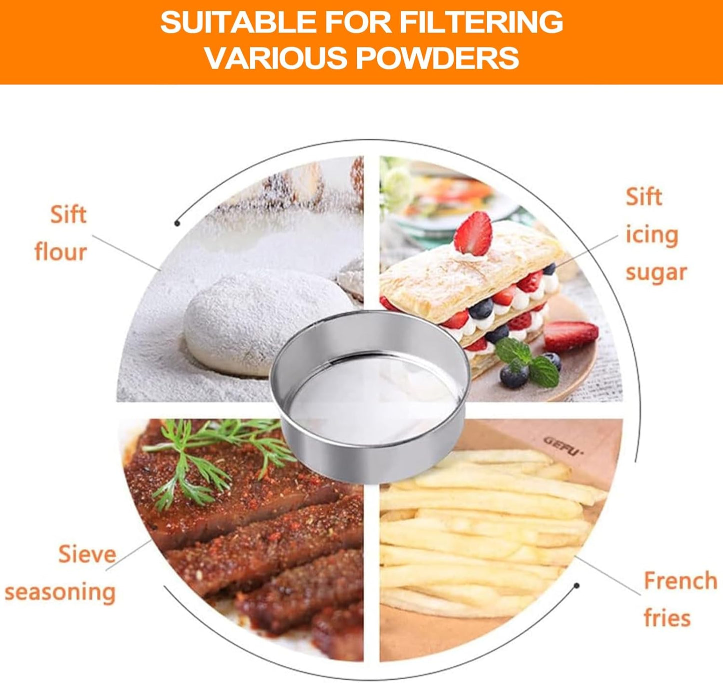 Sifter for Baking, Stainless Steel Round Flour Sifter with Dough Scraper, Diameter 6-8-10-12inch, Mesh-Hole Size 0.25mm