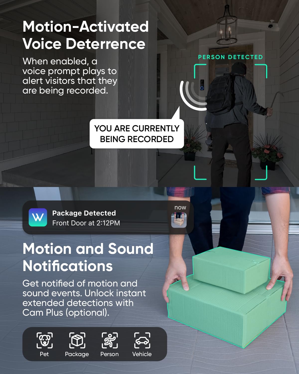 WYZE Wireless Duo Cam Video Doorbell (Chime Included), Battery Powered, 2K Full HD Video, 2 Cameras (People and Package), 2-Way Audio, Color Night Vision