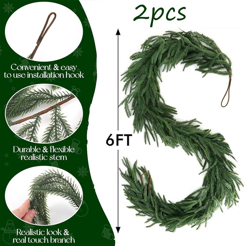 2Pcs 6FT Artificial Norfolk Pine Garlands, Real Touch Winter Christmas Pine Tree Wreath, Green Artificial Greenery Garland for Christmas Holiday Seasonal Indoor Home Decor Mantle