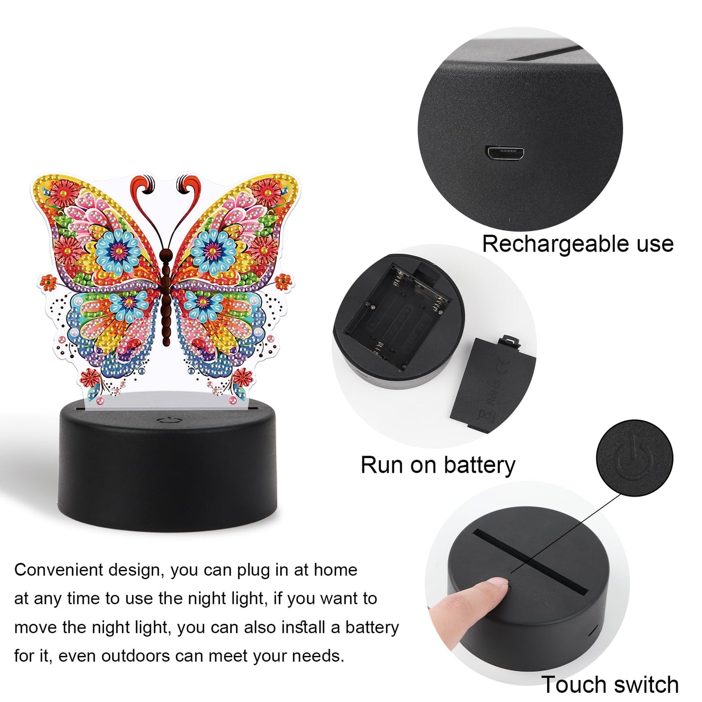 JISHSHAY Diamond Painting Night Light Diamond Art Table Lamps Gem Art LED Lights Gem Painting Desk Lamp Mosaic Kits for Adults DIY Kits for Adults Paint by Numbers Special Shaped Butterfly