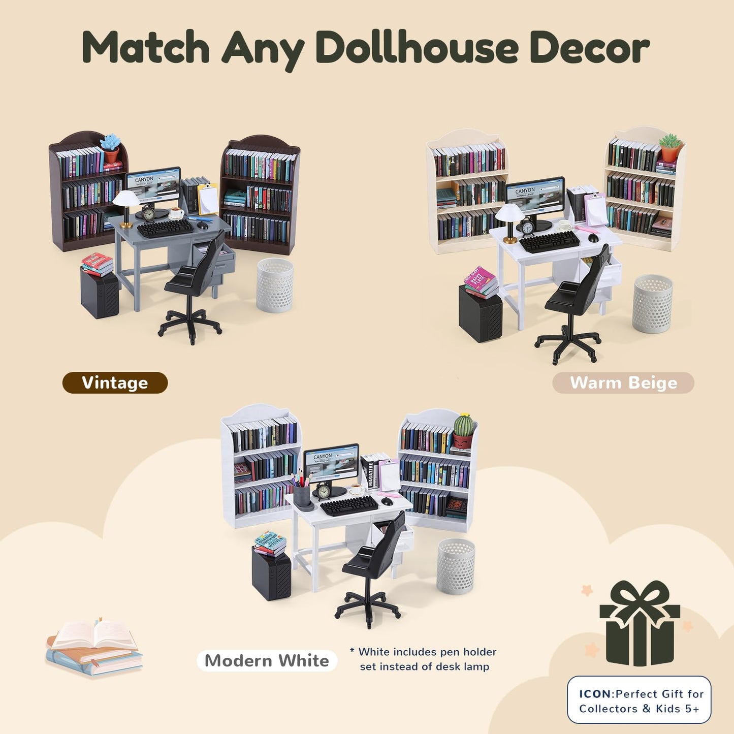 1:12 Scale Mini Desk Set with 100 Mini Books & 2 Bookshelves — Miniature Dollhouse Furniture Set with Office Chair, Computer & 15+ Accessories — Mini Desk Accessories for Doll House Diorama