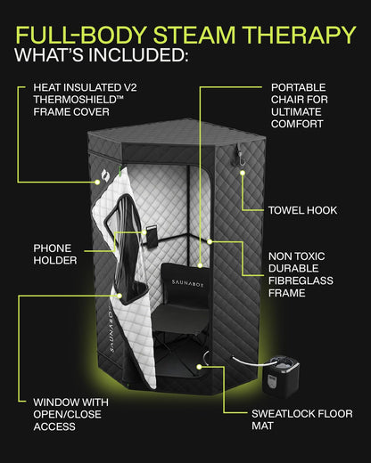 SAUNABOX® SmartSteam Kit Pro Portable Steam Sauna | Home Sauna Tent with Chair & Mat | Full Body Steam Therapy for Relaxation & Recovery | VOC-Free Materials