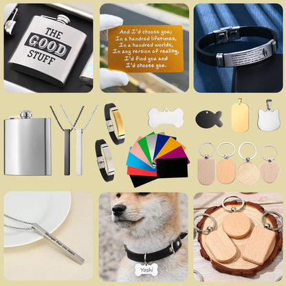 144 PCS Laser Engraving Material Kit, 29 Kinds of Laser Engraving Supplies Including Acrylic, Wood, PU Leather, Glass, Metal, Rock, Fabric, Rubber Materials for Laser Cutter Engraver