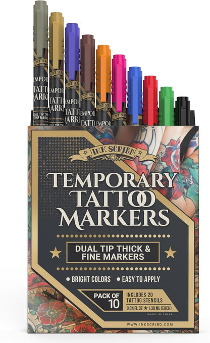 Tattoo Pen Kit for Skin – 10 Temporary Tattoo Markers with Dual Tips & 20 Stencils, Body-Safe Ink for Face, Hands & Arms – Fun Body Art Pens for Kids, Teens, Parties, Festivals & Costume Design