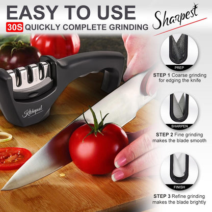 4-in-1 Knife Sharpener Kit with Cut-Resistant Glove, 3-Stage Quality Kitchen Knife Accessories to Repair, Grind, Polish Blade, Professional Knife Sharpening Tool for Kitchen Knives