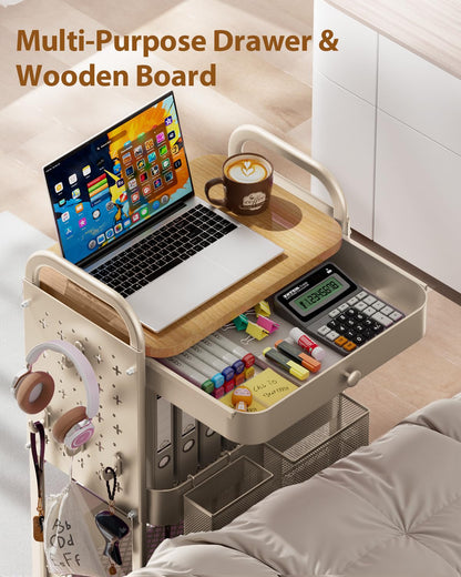 ALVOROG Rolling Cart with Drawer and Wood Table Top, 3 Tier Metal Rolling Utility Cart on Wheels with DIY Pegboards, Hanging Baskets, Hooks for Kitchen, Bedroom, Office, Craft Supplies