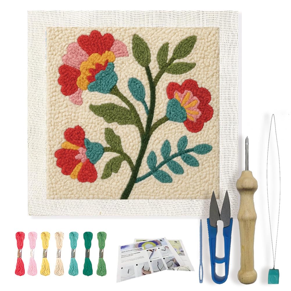 FREEBLOSS DIY Flowers Punch Needle Kit for Beginners Embroidery Punch Needle Starter Craft Set with Instructions Frame Embroidery Kit for Adults Gift Decoration,9.4x9.4inch