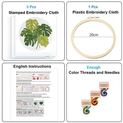Konrisa Embroidery Kits for Adults Beginner, European Style Garden Plant Green Leaf Stamped Embroidery Starter Kit,DIY Sewing Practice, Needlepoint Cross Stitch Kit,Set of 3