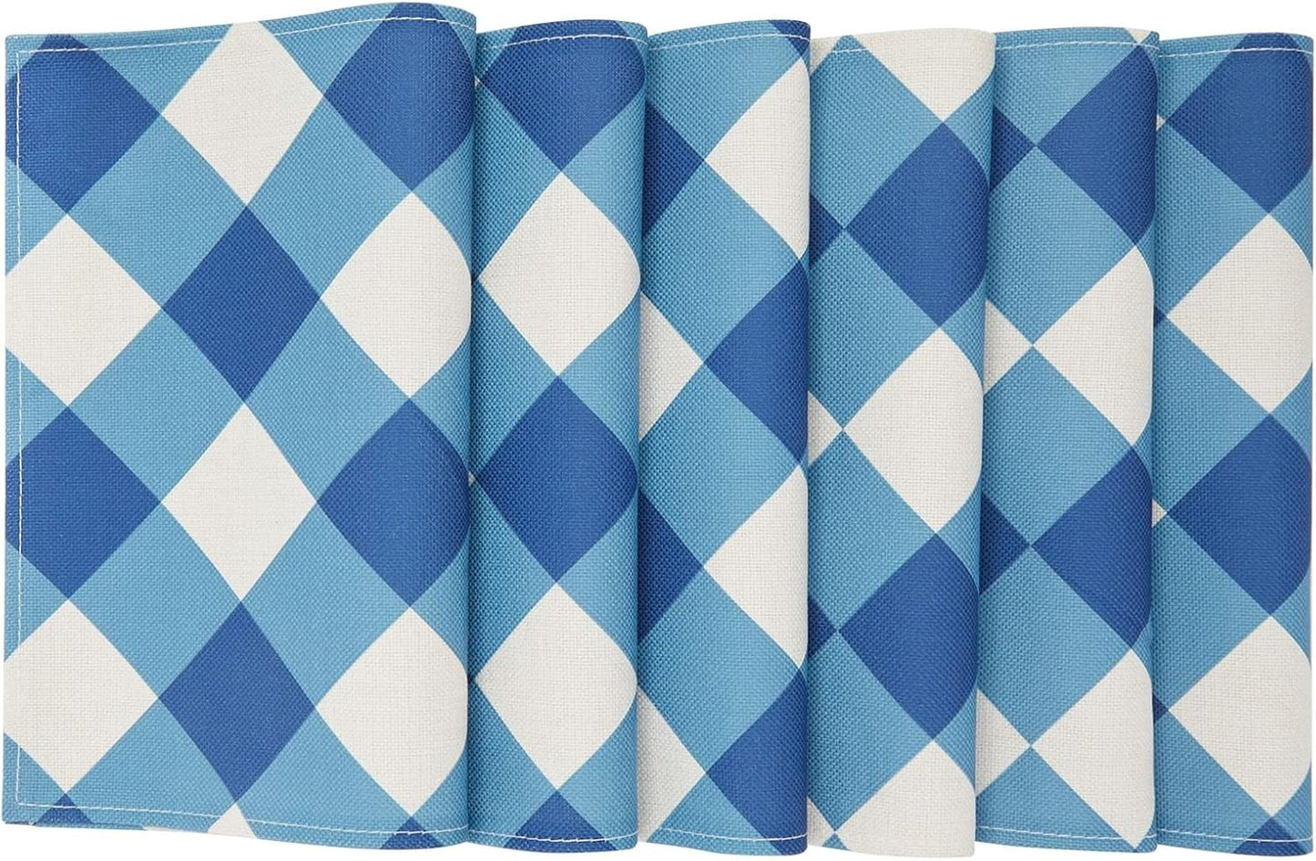 Set of 6 Blue and White Plaid Cloth Placemats, Washable Table Mats with Buffalo Design for Dining Table