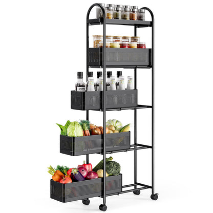 KINGRACK Slim Storage Cart with Drawer, 5-Tier Rolling Utility Cart on Wheels, Narrow Metal Cart for Space Save, Easy Assembly for Kitchen Cart, Craft Cart, Laundry, Bathroom, Nursery Organizer