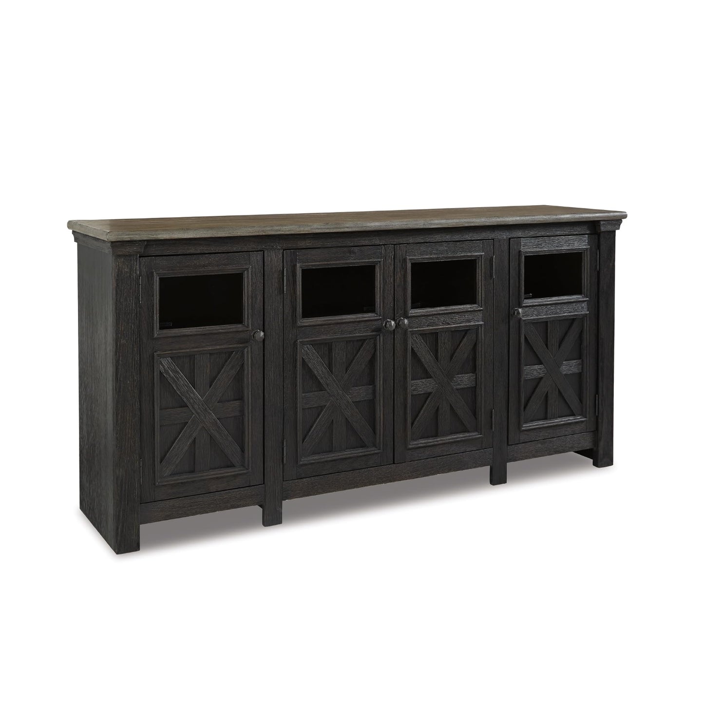 Signature Design by Ashley Tyler Creek Farmhouse TV Stand Fits TVs up to 72", 4 Glass Doors, 3 Adjustable Storage Shelves, Dark Gray
