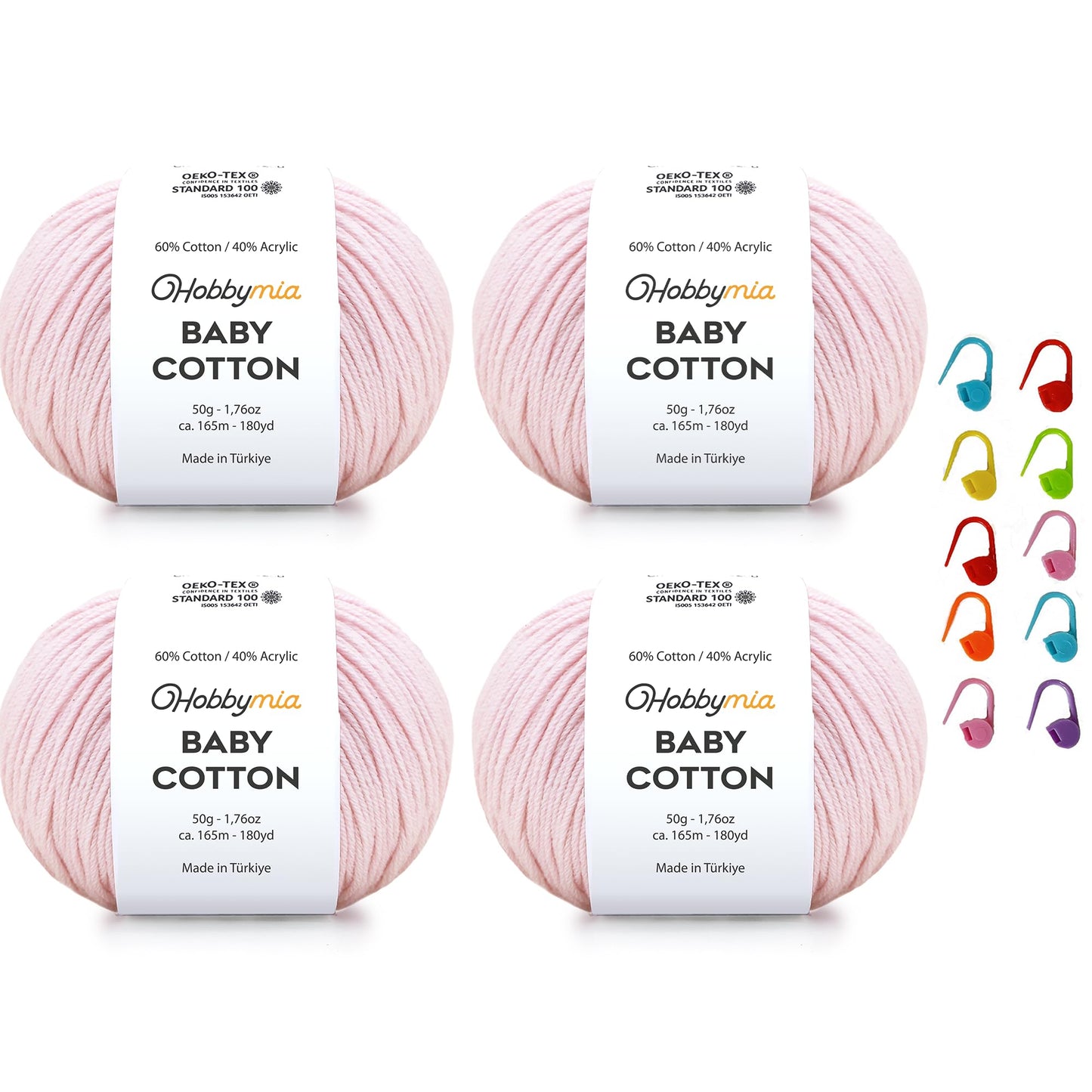 HobbyMia Baby Cotton Blend Yarn – Soft Sport Weight Yarn for Crochet & Amigurumi - 50g/180yds - 60% Cotton 40% Acrylic - Ideal for Baby & Knitting Proj. & 10 Stitch Markers(Light Pink, 4 Balls)