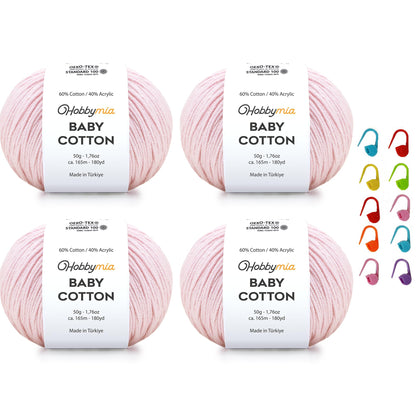 HobbyMia Baby Cotton Blend Yarn – Soft Sport Weight Yarn for Crochet & Amigurumi - 50g/180yds - 60% Cotton 40% Acrylic - Ideal for Baby & Knitting Proj. & 10 Stitch Markers(Light Pink, 4 Balls)