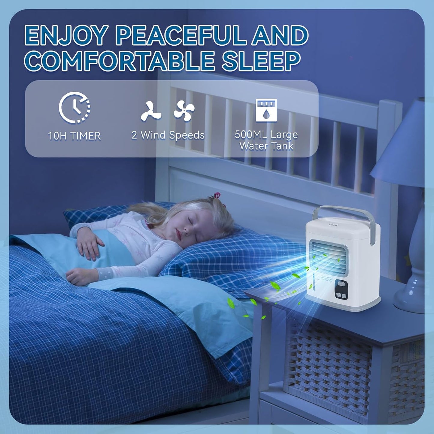 CAYNEL Portable Air Conditioner | 2 Speeds, 5W USB | Water Tank, 1~12h Timer | Adjustable Air Outlet for Desktop &
