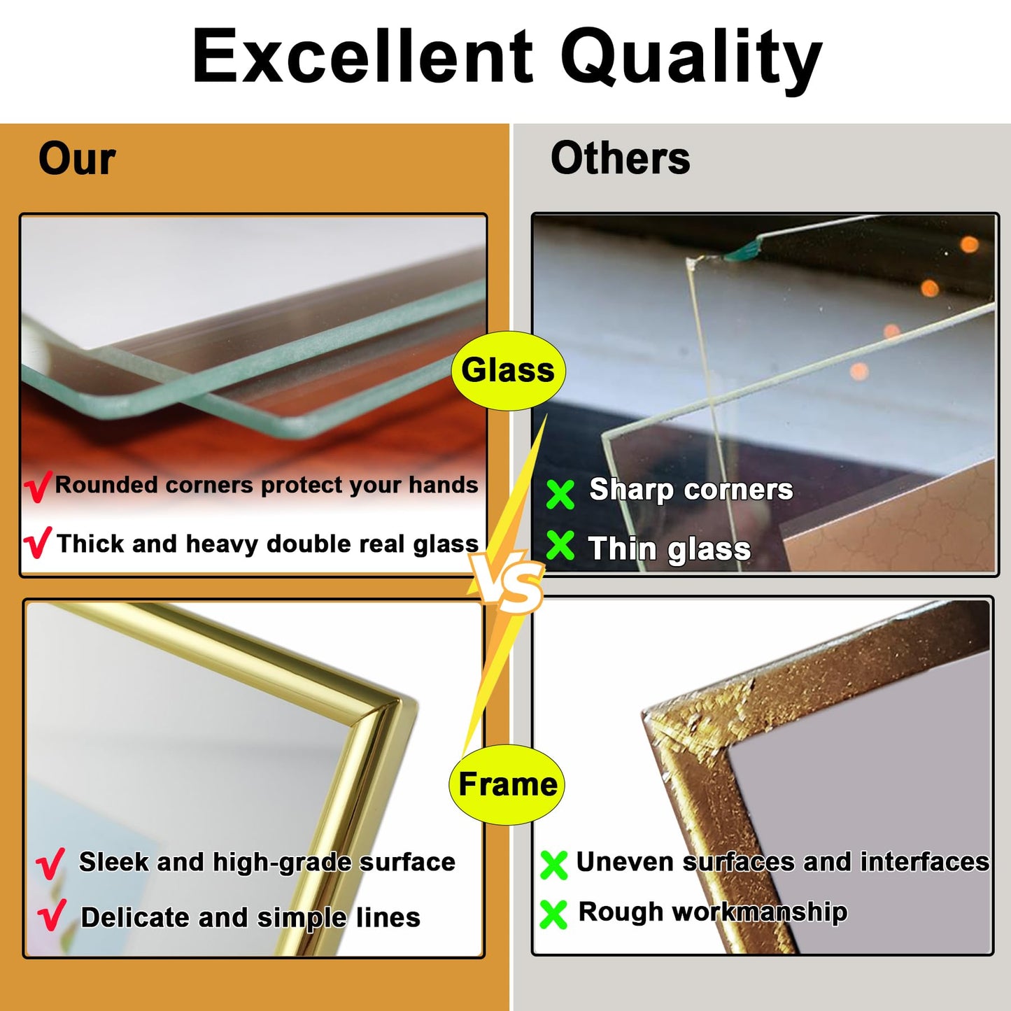 CROXXID 8x10 Picture Frame set of 2, for 5x7 6x8 with Floating Effect, for 8 x 10 without Floating, Double Real Glass Photo Frames Only for Tabletop, Home or Wedding Decoration Gift (Horizontal Gold)
