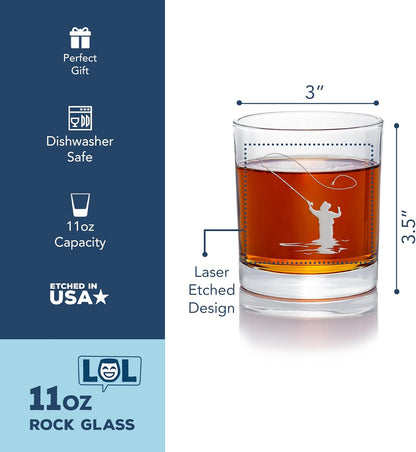 Fly Fisherman Round Rocks Glass, Fisherman Gift Fishing Glass