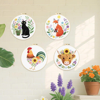 ORIGACH 4 Pcs Flower and Animal Embroidery Kit for Beginners, Stamped Design Embroidery Starter Kit Includes Cloth, Hoops, Threads & Needles