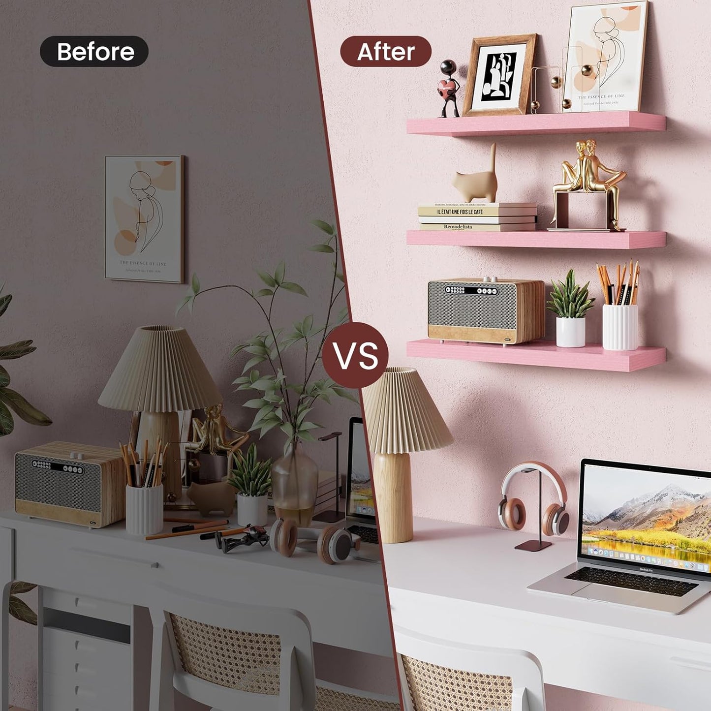 BAYKA Floating Wall Shelves - Set of 3 Pink Wood Shelves for Bathroom, Bedroom & Living Room | 15.7in, 22lbs Capacity