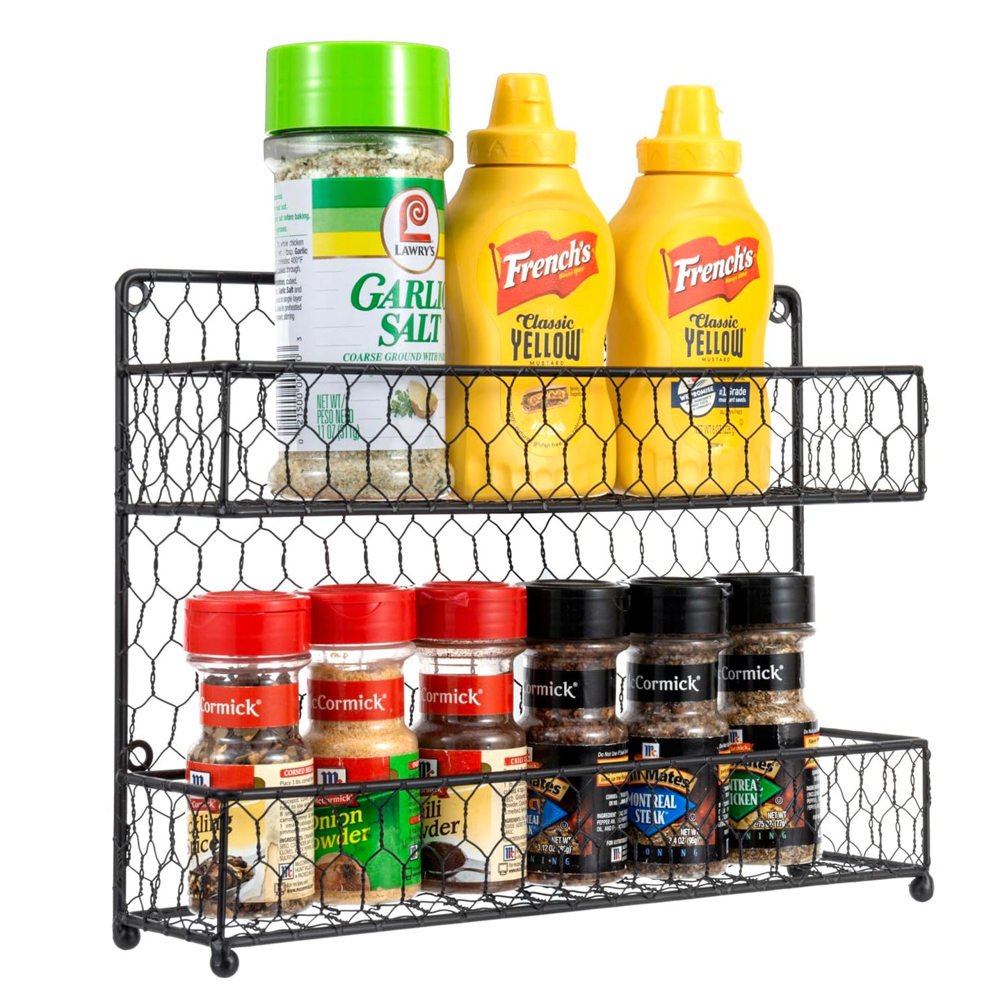 MyGift® Farmhouse Style Metal Wire Spice Rack - Wall Mount or Kitchen Countertop 2-Tier Seasoning Jar Storage Organizer, Black