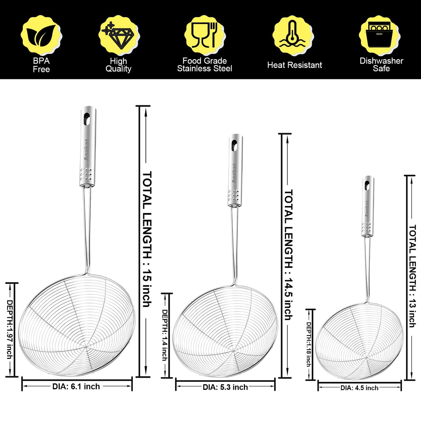 Anaeat Stainless Steel Spider Skimmer, Set of 3 Professional Kitchen Pasta Strainer Spoon with Long Handle - Asian Strainer Ladle Wire Skimmer Spoons for Cooking and Frying (4.5"+5.3"+6.1")