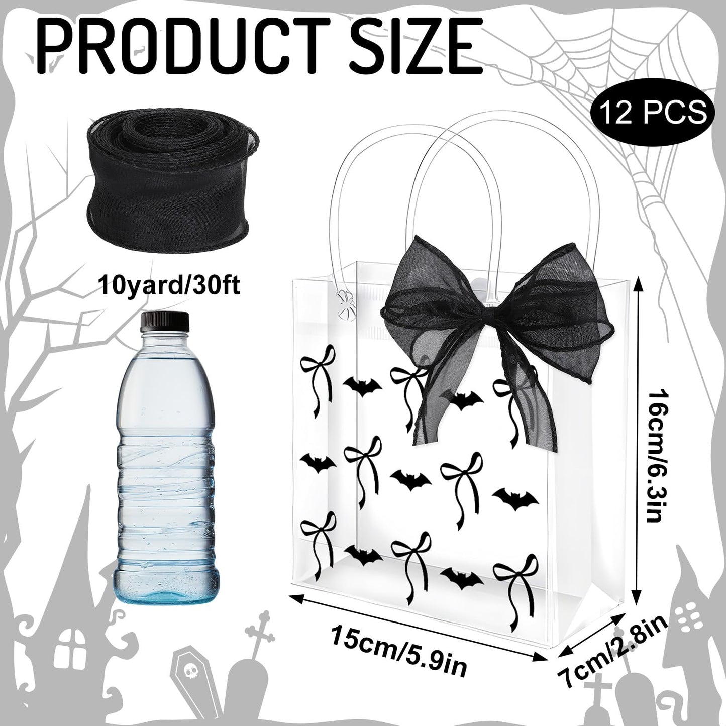Whaline 12 Pcs Halloween Clear PVC Gift Bags with Handles Ribbon Black Bats Bow Coquette Party Favor Bags Trick or Treat Tote Candy Bag for Holiday Birthday Baby Shower Halloween Party Supplies