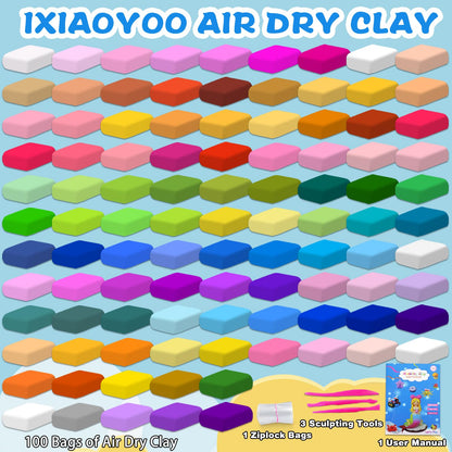 Ixiaoyoo Air Dry Clay, 100 Colors Modeling Clay for Kids, Safe & Non-Toxic, DIY Model Art & Crafts Toys with Sculpting Tools, Home Party Favors, Birthday Toys Gift for Ages 3-12 Boys & Girls