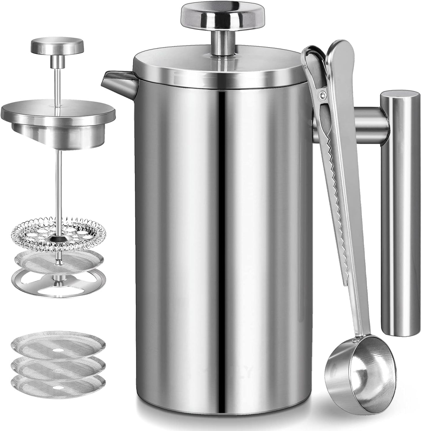 French Press, 12oz Double-Wall Insulated Coffee Maker, Stainless Steel with 3 Level Filtration System