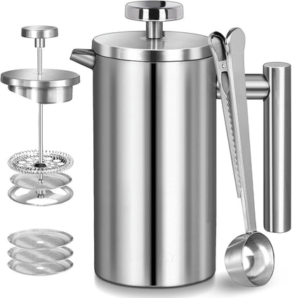 French Press, 12oz Double-Wall Insulated Coffee Maker, Stainless Steel with 3 Level Filtration System