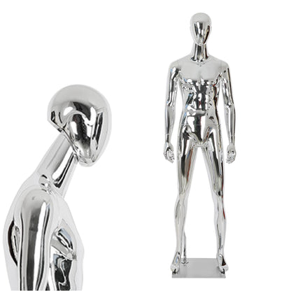 Full Body Male Mannequin with Chrome Metallic Finish, Fiberglass Abstract Dress Form with Posable Head, Futuristic Retail Display Dummy with Metal Base for Men's Fashion Window(Chrome Silver)