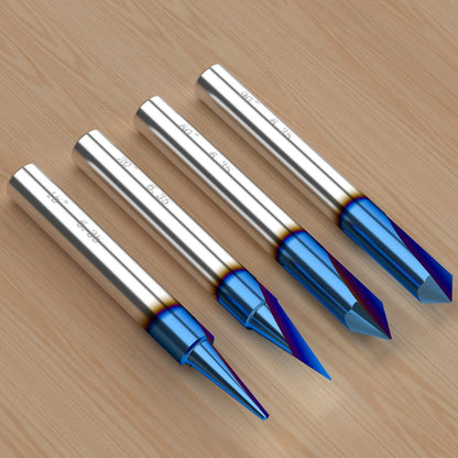 Helovmine Engraving Bits 15, 20, 60, 90 Degree CNC Wood Carving Router Bit Set with Nano Blue Coated, Marking Conical Engraving Router Tool , 2 Flutes Tungsten Steel Straight CNC V-bit 1/4 Inch Shank