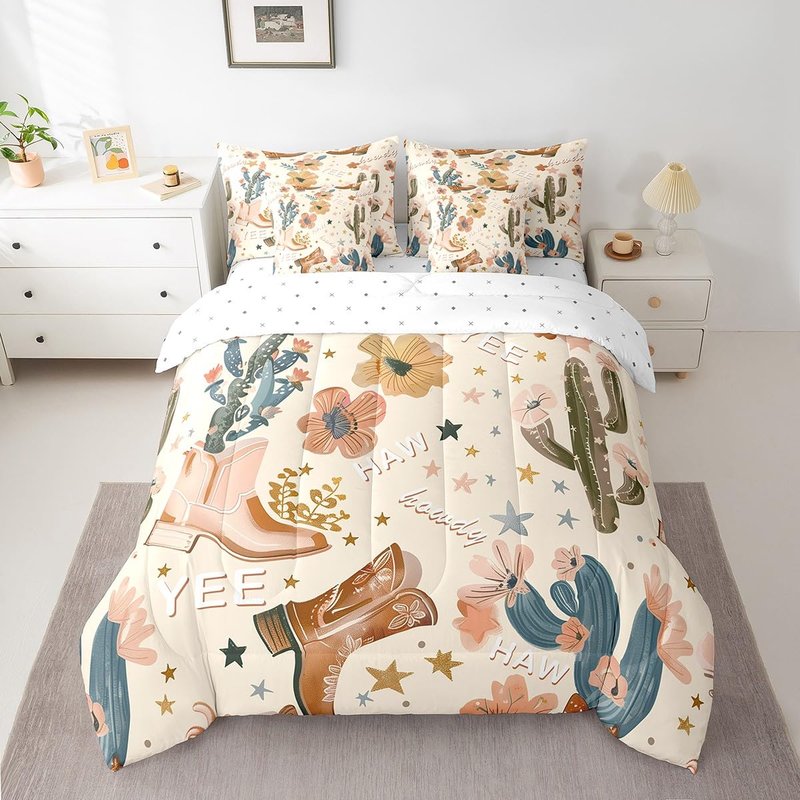 Manfei 7pcs Cowgirl Comforter Set Twin Size, Country Western Cowboy Boots Bedding Set with Sheets for Kids Girls Teens Room Decor, Wild West Cactus Flower Bed in a Bag Cute Cartoon Brown Bed Set