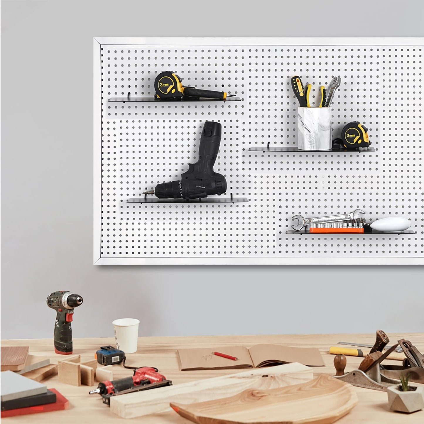 Kokone 6 Pack Pegboard Shelves with Lip Around the Edge, 12x4 Flat Display Shelves for Pegboard Storing or Displaying, Wall Pegboard Shelves Accessories Steel Tray for Garage Workshop Craft Room