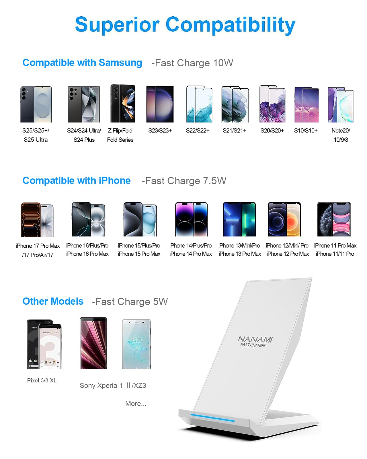Fast Wireless Charger, [2 Pack] NANAMI Qi Certified Wireless Charging Stand Compatible iPhone 17/17 Air/17 Pro/17 Pro Max/16/15/14/13/12, Phone Charger for Galaxy S25/S24/S23/S22 and Qi-Enabled Phone