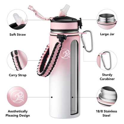 GOSWAG Insulated Sports Water Bottle, 24oz 2 Lids(with Straw/No Straw), Stainless Steel Water Bottles with Paracord Handle, Insulated Bottle with Double-Wall Vacuum Insulation