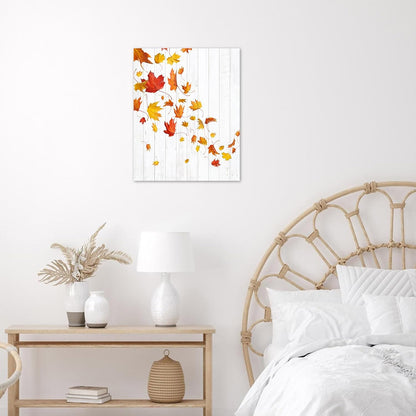 LB Farmhouse Fall Wall Art - Red Orange Maple Leaf on Rustic Grey Canvas, Ready to Hang for Living Room and Bedroom,