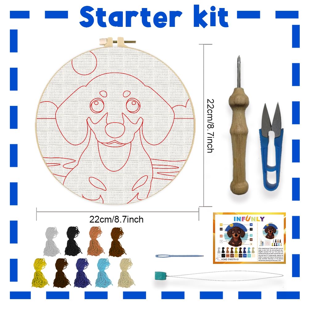 INFUNLY Dachshund Punch Needle Kits for Adults Beginners Brown Dog Needle Embroidery Starter Kit Puppy DIY Punch Needles Kit with Instruction Needles Fabric for Art Crafts Festival Gift Home Decor