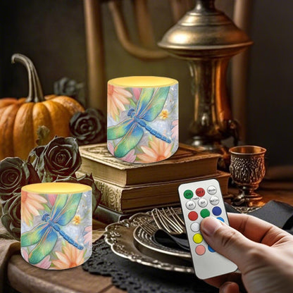 Cozeyat Floral Dragonfly Bedroom Decor LED Candles Set of 4 Battery Powered Flameless with Remote Timer Dancing Flame Waterproof for Home Patio Garden Table
