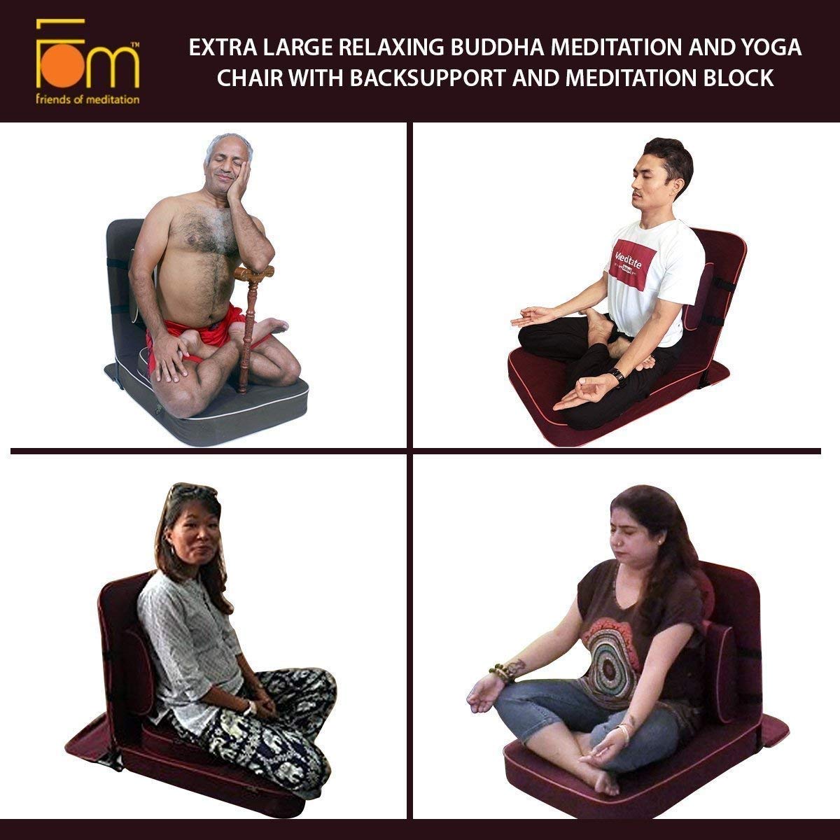Friends of Meditation Extra Large Meditation Chair | Floor Chair with Back Support | Yoga Chairs for Adults | Portable Folding Chair | Yoga Chair with Cushion & Meditation Block | Black | 24x22 in