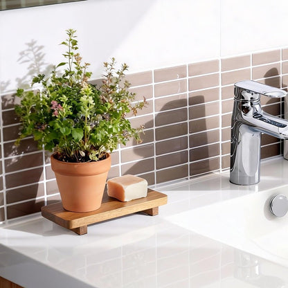Small Acacia Wood Bathroom Tray Pedestal Stand Farmhouse Kitchen Decor Decorative Wooden Riser Soap Dish Sponge Holder for Vanity, Counter, Sink, 8.6" x 3.6"