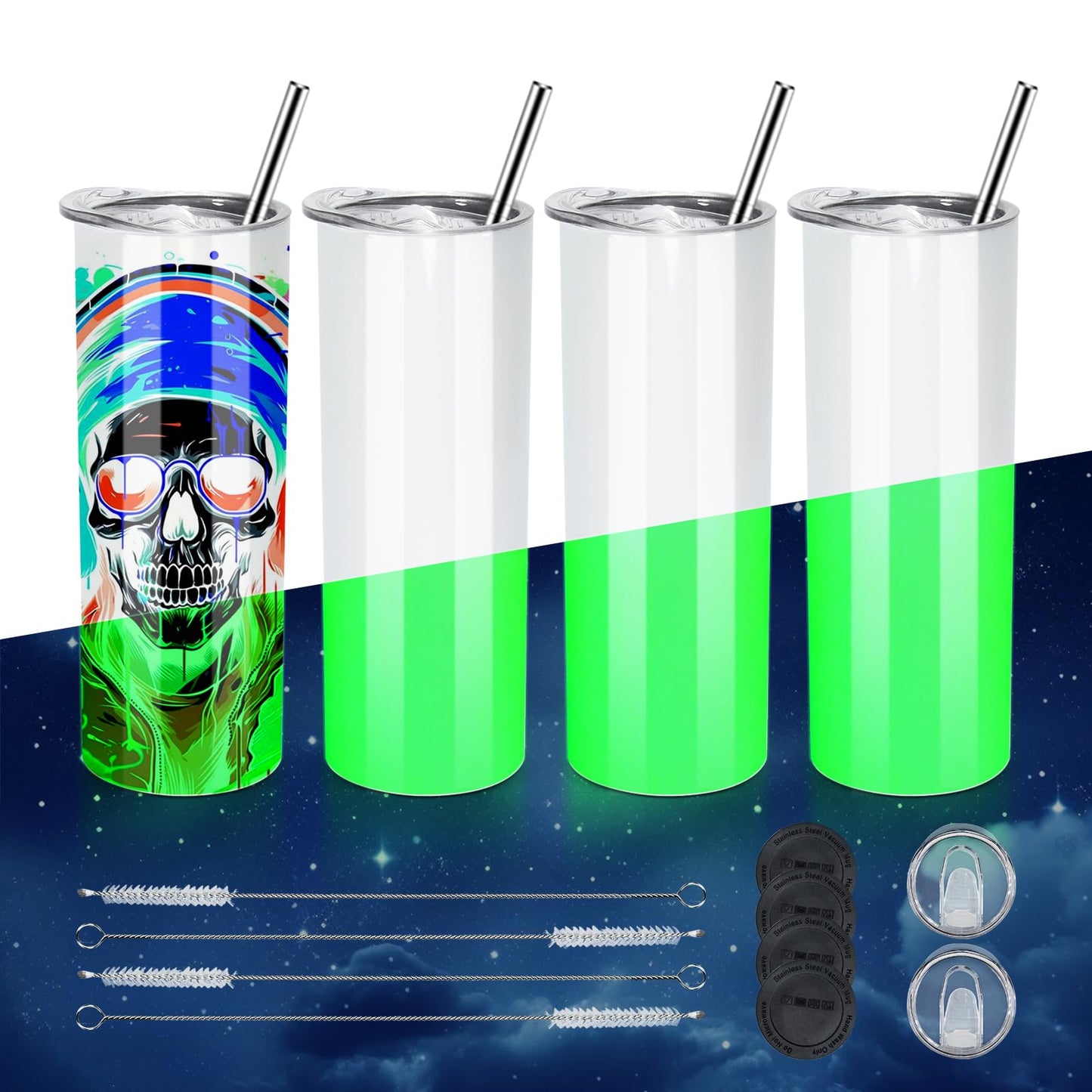 AGH 20 oz Sublimation Tumblers Glow In The Dark, 4PCS Luminous Skinny Straight Tumbler Blank, Glow From White To Green, With Stainless Straw & Splash-Proof Lid & Coaster