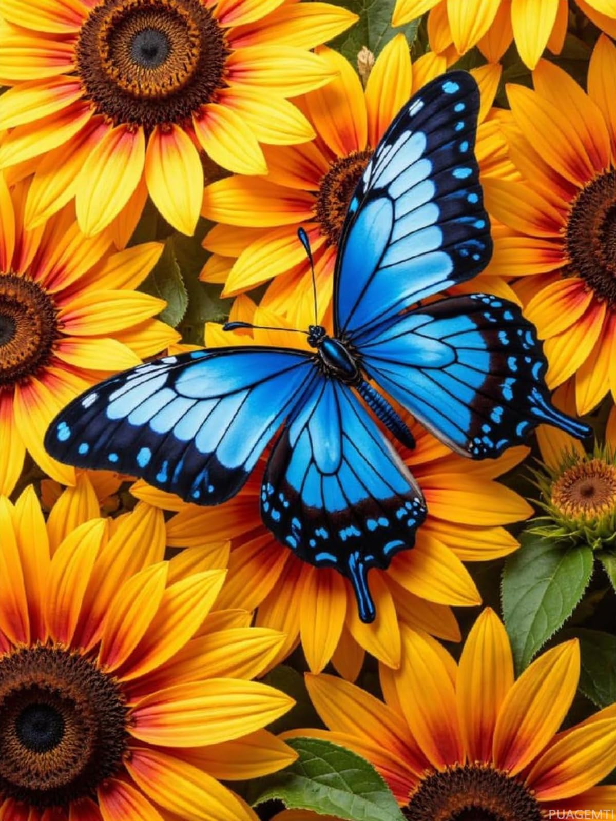 PUAGEMTI Blue Butterfly Sunflower Blooms Diamond Art Kits for Adults, 5D DIY Full Drill Diamond Painting Kits for Adults Beginners, Diamond Painting Kit for Wall Home Decor (No Frame) 12x16 Inch