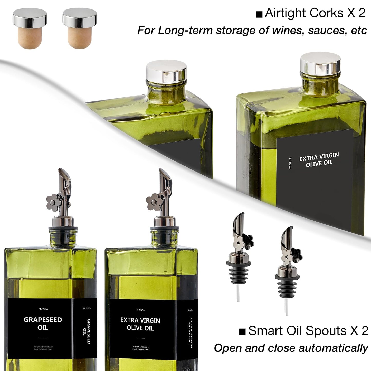 MUVEKA Olive Oil Dispenser Bottle for Kitchen, 16.9oz /500ml Cooking Vinegar Dispenser Bottle Set, Glass Sauce Container, Labels, Brush, Funnel, Stoppers, Green for Oil, Wine
