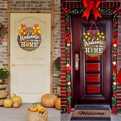 Interchangeable Welcome Home Sign, Front Door Decor With 4 Seasonal Wreaths and 21 Changeable Icons, Rustic Wood Wall Porch Hanger for Holiday Halloween Christmas Housewarming Gift (Brown)