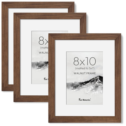 8x10 Picture Frame, USA-Sourced Walnut Wood Photo Frames 8 by 10 with HD Tempered Glass, 8 x 10 Wood Frames for Home Decor, Rustic 8x10 Frame Matted to 5x7, Wall & Tabletop Display, 3 Pack