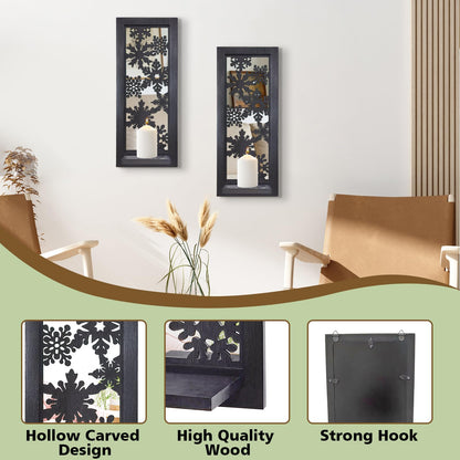 ZEXUIRU 2 Set Rustic Candle Sconces Living Room Bedroom Entryway Wood Mirrored, Farmhouse, Carved Frame Wall-Mount Wooden Candle Holders Wall Decor Hanging Handmade Holder - Black