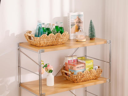 Coeusy Small Wicker Basket 2 Pack,Scalloped Basket for Organizing and Decor,Natural Water Hyacinth Storage Baskets with Wooden Handles for Gifts,Snack,Shelves