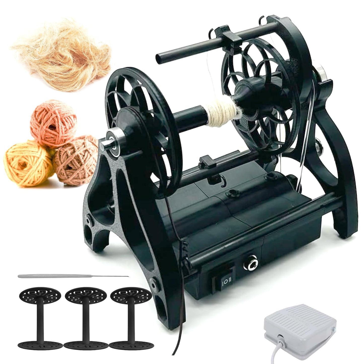 Electric Yarn Spinner Kit with Foot Controller & 3 Bobbins, Small Yarn Winder with Forward & Reverse (4oz)