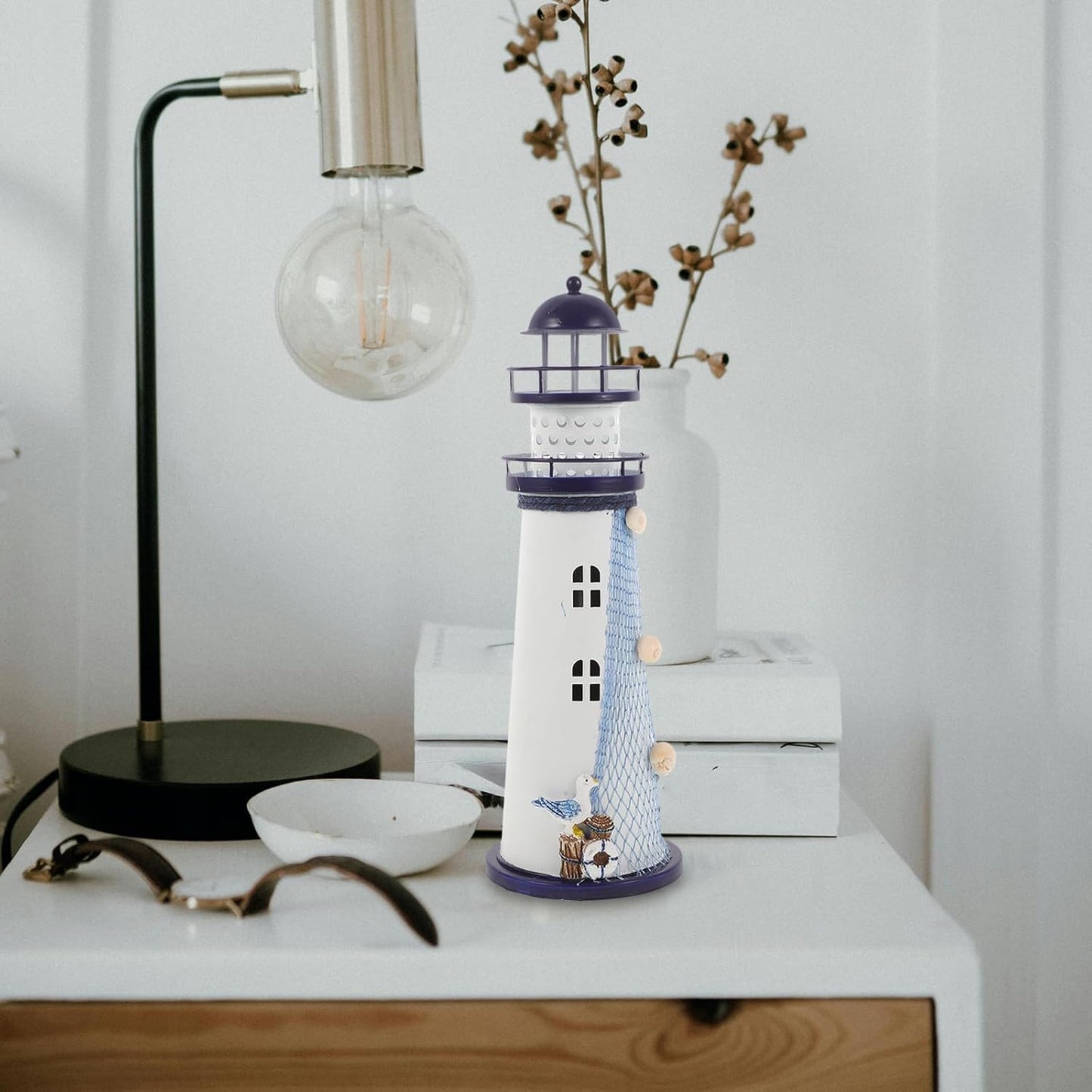 Ciieeo Lighthouse Candle Lantern, Iron Tealight Candle Holder Nautical Lighthouse Figurine for Coastal Table Decor