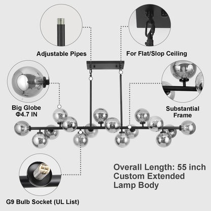 APLampara Mid Century Modern Chandelier 55in Linear Bubble Chandeliers 16-Light Black & Gray Sputnik Pendant Lighting Fixture for Dining Room Kitchen Island