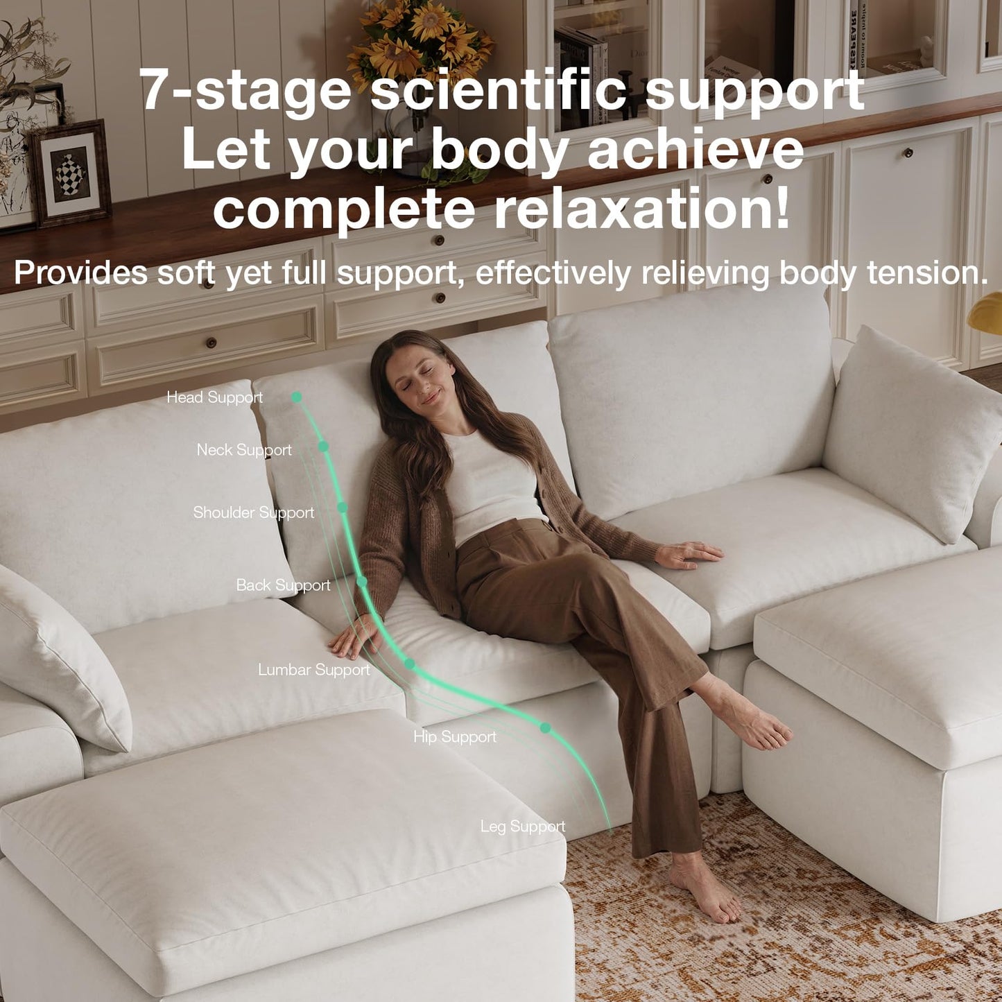 Novilla 133.8" Modular Cloud Couch, Modern Sectional Sofa with Smarts Coil® Support, Chenille Fabric, Upholstered Couch for Living Room Apartments Bedroom, No Assembly, 4 Seater + 2 Ottoman, White